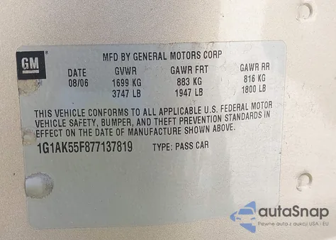 2007 Chevrolet Cobalt Ls from USA, damaged, VIN 1G1AK55F877137819